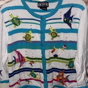 Vintage Berek White Cardigan with Multicolor Fish & Turtle Embroidery#sequins